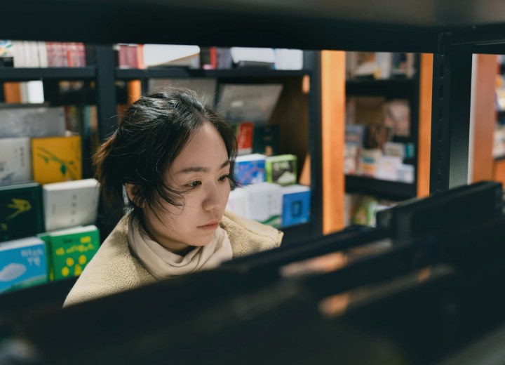 Browsing shelves in an independent bookstore